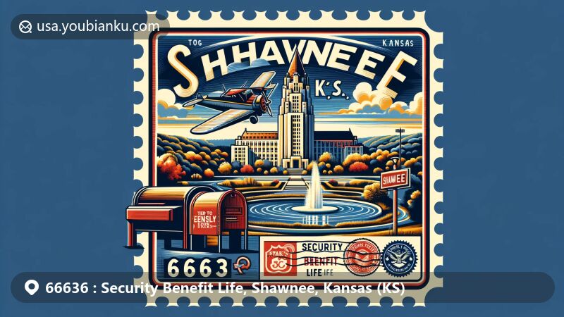 Modern illustration of Security Benefit Life area, Shawnee County, Kansas, showcasing ZIP code 66636, featuring Cedar Crest, Lake Shawnee, Ted Ensley Gardens, and vintage air mail elements.