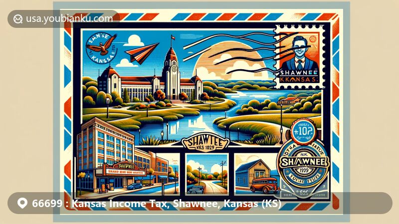 Modern illustration of Shawnee, Kansas with a decorative airmail envelope showcasing landmarks like Shawnee Mission Park, Aztec Shawnee Theater, and Shawnee Town 1929, each highlighting Shawnee's rich history and culture.
