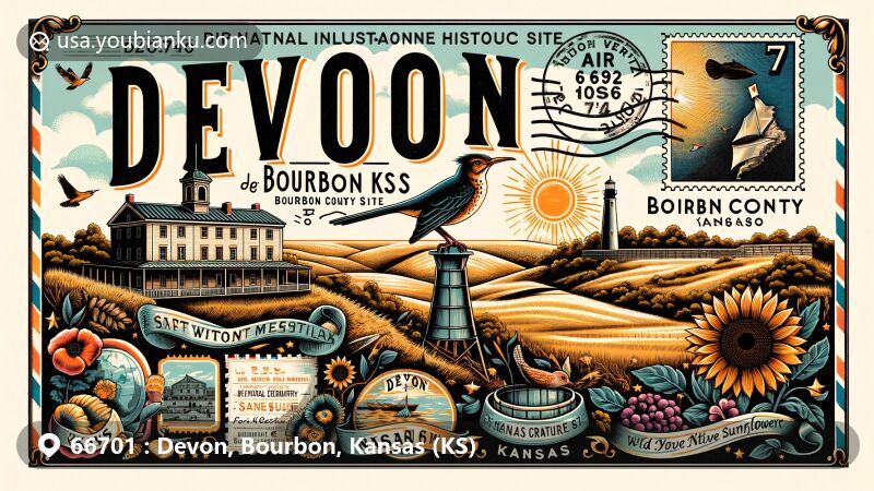 Modern illustration of Devon, Bourbon County, Kansas, with ZIP code 66701, featuring Fort Scott National Historic Site, US National Cemetery No. 1, and Kansas state symbols like the Western Meadowlark and Wild Native Sunflower.