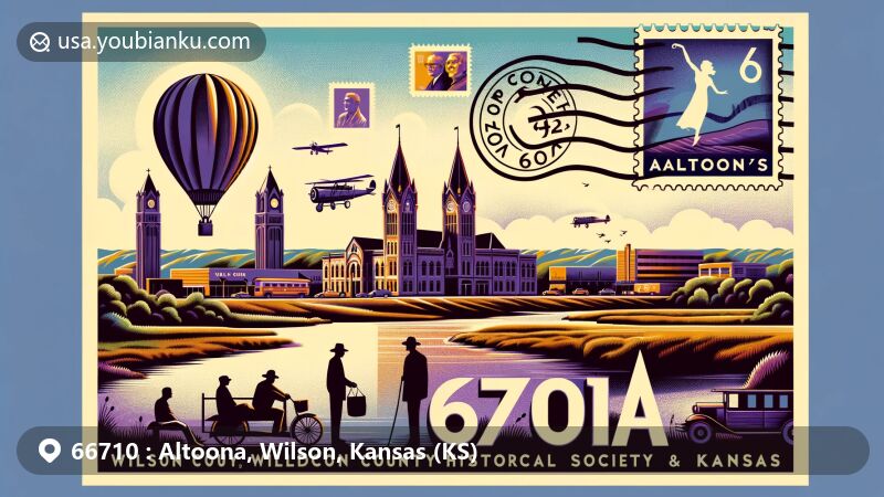 Modern illustration of Altoona, Wilson County, Kansas, featuring ZIP code 66710, Verdigris River, Wilson County KS Historical Society & Museum, historical figures, postcard theme with stamps, postmark, and postal elements.