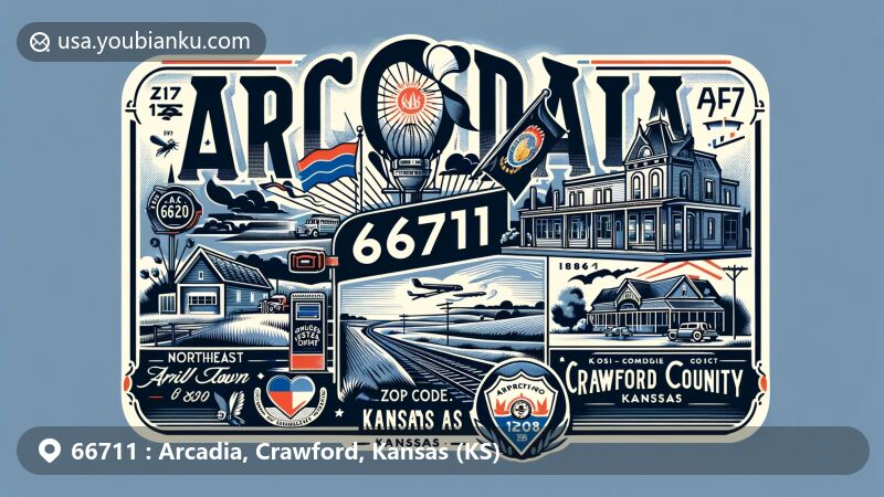 Vintage-style postcard illustration of Arcadia, Crawford County, Kansas, capturing small-town charm with state symbols and historical founding in 1862, featuring postal elements and nod to Kansas-Missouri state border.