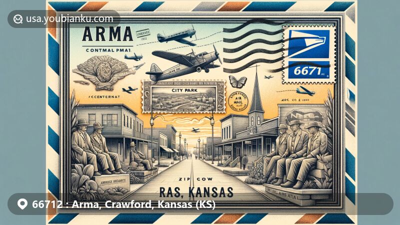 Modern illustration of Arma, Kansas, celebrating postal themes, showcasing centennial mural, local businesses, artistic statues, and Veterans Memorial, with Kansas state flag in the background.
