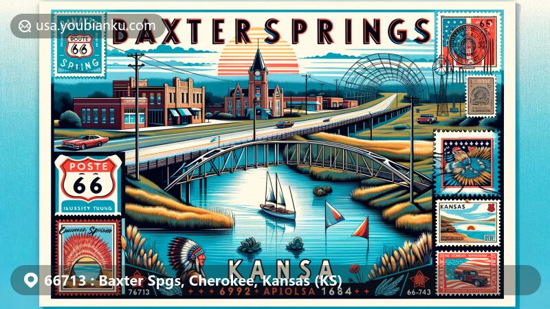 Modern illustration of Baxter Springs, Kansas, blending historical and postal themes, featuring Route 66 sign, Spring River, Marsh Arch Bridge, ZIP Code 66713, and Cherokee cultural elements.