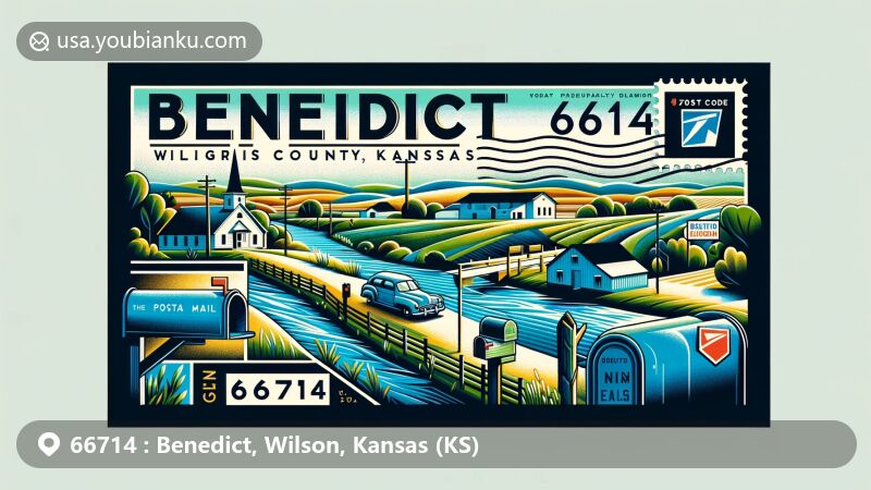 Creative illustration of Benedict, Wilson County, Kansas, inspired by ZIP code 66714, showcasing small-town charm against rural landscape with Verdigris River, reflecting town's demographics and postal motifs.