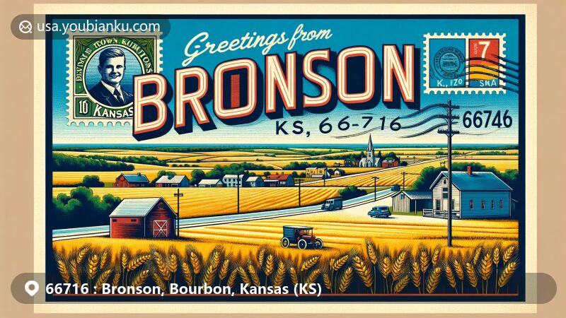 Modern illustration of Bronson, Kansas, showcasing agricultural surroundings and small-town charm, incorporating Kansas state flag and a vintage postcard design.