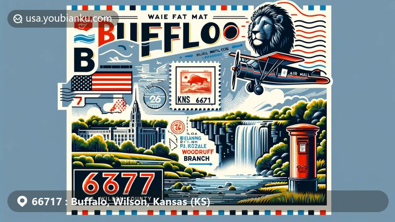 Modern illustration of Buffalo, Wilson County, Kansas, showcasing ZIP code 66717, featuring Woodruff Branch Falls and Kansas state symbols.