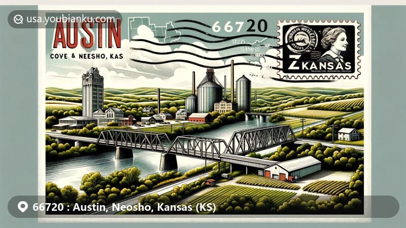 Modern illustration of Austin, Neosho, Kansas (KS) postal theme with ZIP code 66720, featuring State Street Bridge, James and Ella Truitt House, and lush green landscapes.