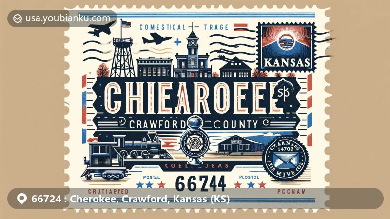 Modern illustration featuring Cherokee, Crawford County, Kansas, with ZIP code 66724, highlighting small-town charm, railroad history, coal mining, Kansas state flag, and postal elements like a vintage airmail envelope and stamp.