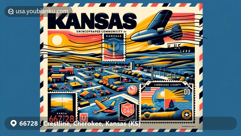 Modern illustration of Crestline, Cherokee County, Kansas, showcasing postal theme with U.S. Route 400 and state symbols, including the Kansas flag and local community elements.