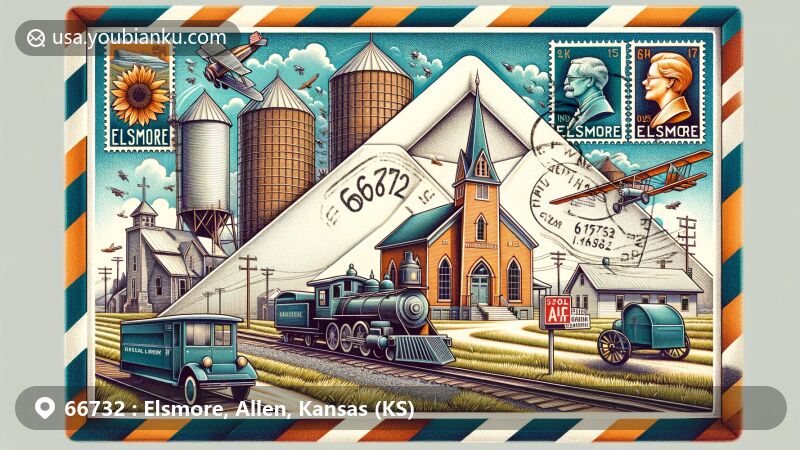 Modern illustration of Elsmore, Allen, Kansas, showcasing postal theme with ZIP code 66732, featuring Methodist Church, old business buildings, grain silos, and active railroad track.