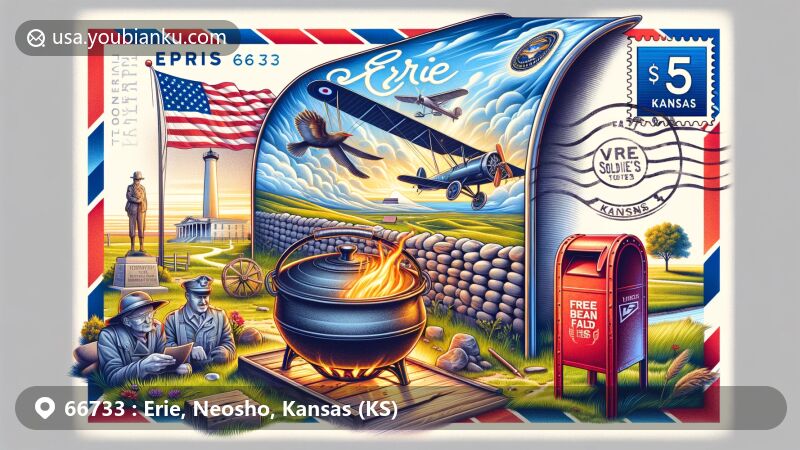 Illustration of Erie, Neosho County, Kansas, representing ZIP code 66733 with vintage air mail envelope, Veterans' Memorial Wall, Free Bean Feed kettle, and Kansas landscapes.
