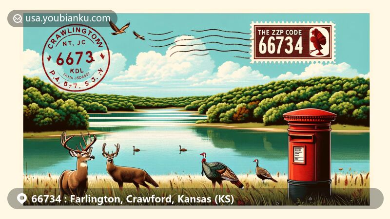 Modern illustration of Farlington, Kansas, in Crawford County, showcasing Crawford State Park's scenic beauty with deer, turkeys, and a tranquil lake, complemented by vintage postal elements.