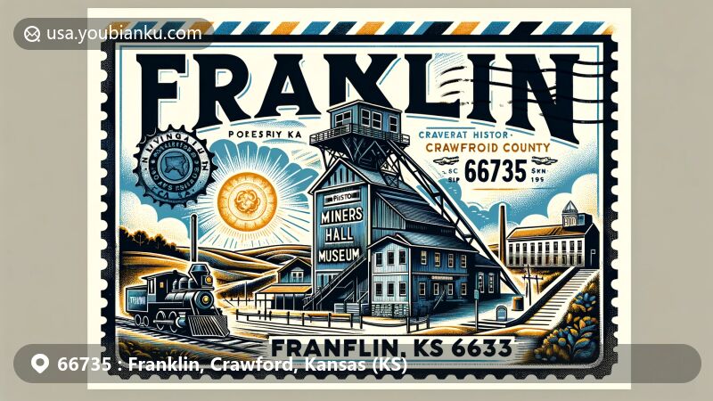 Modern illustration of Franklin, Crawford County, Kansas, highlighting coal mining heritage with ZIP code 66735, featuring Miners Hall Museum and postal elements.