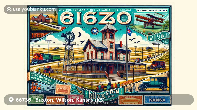 Modern illustration of Buxton, Wilson County, Kansas, featuring historical sites, cultural heritage, and postal theme with ZIP code 66736, showcasing the Wilson County Historical Museum and Atchison, Topeka, and Santa Fe Railway history.