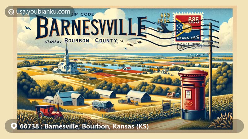 Modern illustration of Barnesville, Bourbon County, Kansas, highlighting postal theme with ZIP code 66738, showcasing agricultural landscapes, the beauty of a man-made lake, and elements representing the Fort Scott National Historic Site.