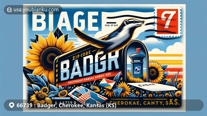 Modern illustration of Badger, Cherokee County, Kansas, showcasing postal theme with ZIP code 66739, featuring Southeast Kansas Nature Center, sunflowers, vintage postage stamp, postal mark, and classic mailbox.