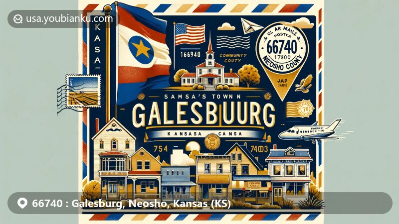 Modern illustration of Galesburg, Neosho County, Kansas, featuring postal theme with ZIP code 66740, showcasing Kansas state flag, community atmosphere, and vintage postal elements.