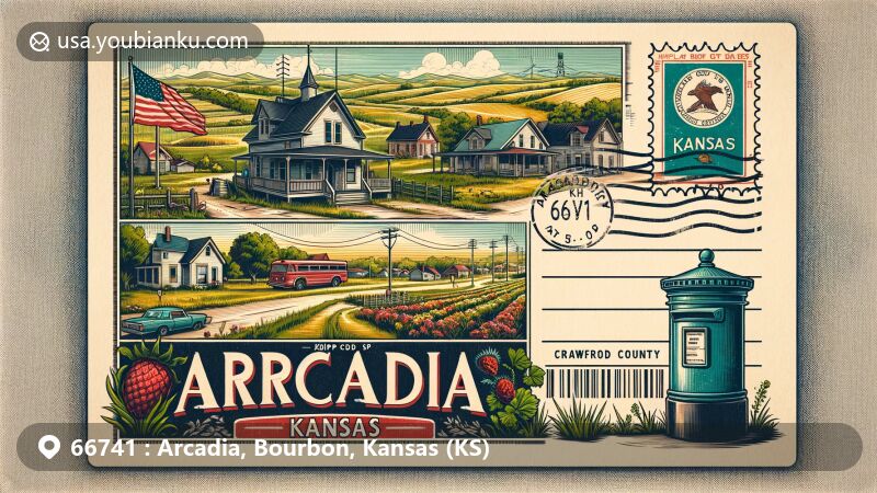 Modern illustration of Arcadia, Kansas, featuring postal theme with ZIP code 66741, capturing the town's rural charm and community atmosphere with symbolic postal elements and Kansas state flag.