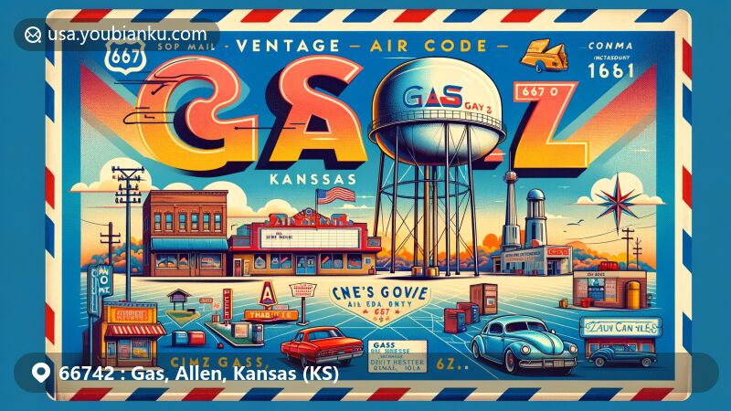 Modern illustration of Gas, Kansas, ZIP Code 66742, with vintage air mail envelope background showcasing iconic Gas Kan-shaped water tower and cityscape, drive-in theater, local businesses, and natural landscapes.