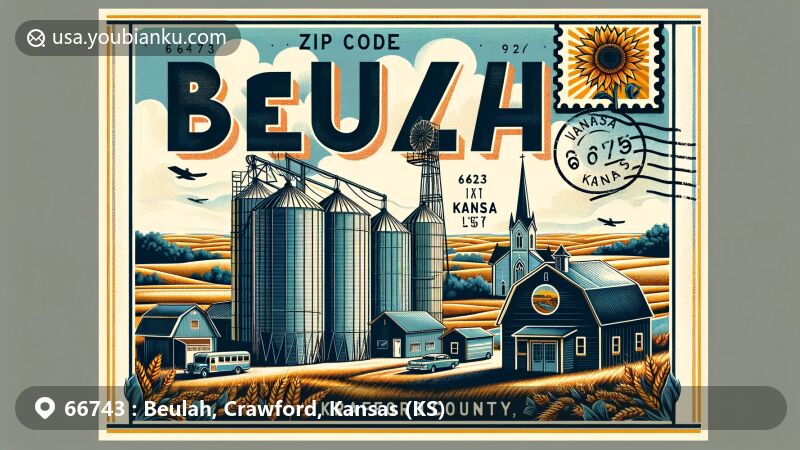 Modern illustration of Beulah, Crawford County, Kansas, featuring vintage postcard theme with ZIP code 66743, showcasing rural charm and community spirit, blending Kansas state elements and postal motif.