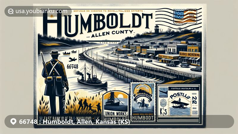 Modern illustration of Humboldt, Allen County, Kansas, with historical and postal themes, set by the Neosho River, showcasing American Civil War elements and A Bolder Humboldt initiatives.