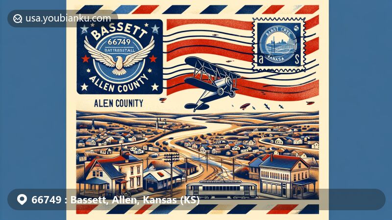 Modern illustration of Bassett, Allen County, Kansas, exhibiting postal theme with ZIP code 66749, featuring airmail envelope, stamps, Neosho River, residential communities, and vintage electric streetcar line.