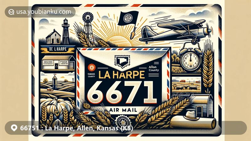 Modern illustration of La Harpe, Allen County, Kansas, featuring vintage air mail envelope with ZIP code 66751, Kansas state flag, and iconic La Harpe symbol.