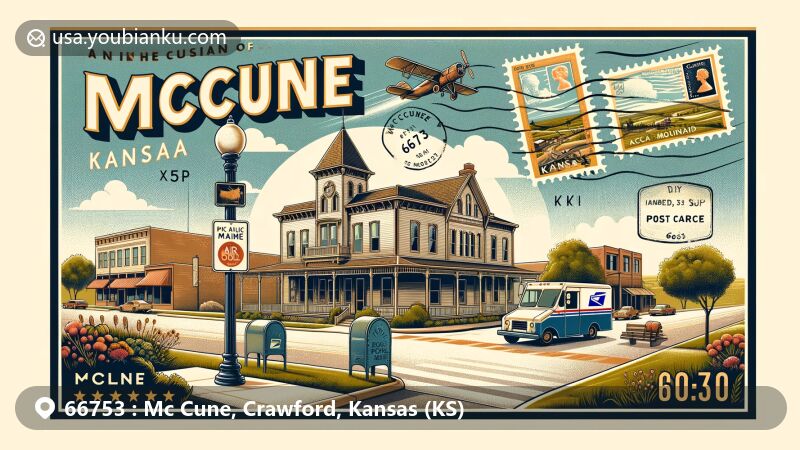 Modern illustration of Mc Cune, Kansas, showcasing postal theme with ZIP code 66753, featuring town charm and American postal symbols.