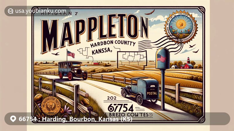 Vintage postcard style illustration of Mapleton, Bourbon County, Kansas, featuring ZIP code 66754 and iconic postal symbols against a backdrop of rural Kansas scenery.