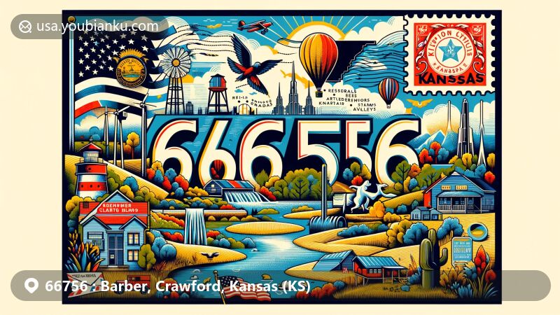 Modern illustration of ZIP code 66756 in Barber and Crawford Counties, Kansas, incorporating landmarks, cultural elements, and natural features, showcasing the essence of the state.