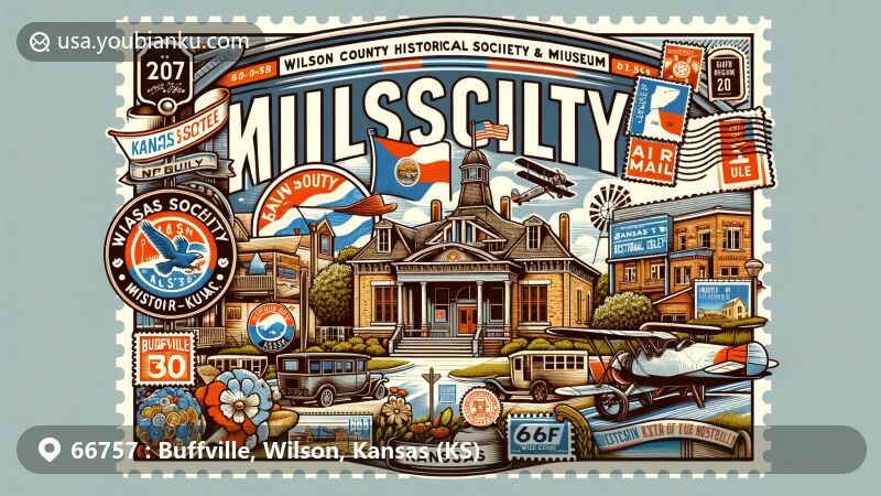 Modern illustration of Buffville, Wilson, Kansas, showcasing postal theme with ZIP code 66757, featuring Wilson County KS Historical Society & Museum and Kansas state symbols.