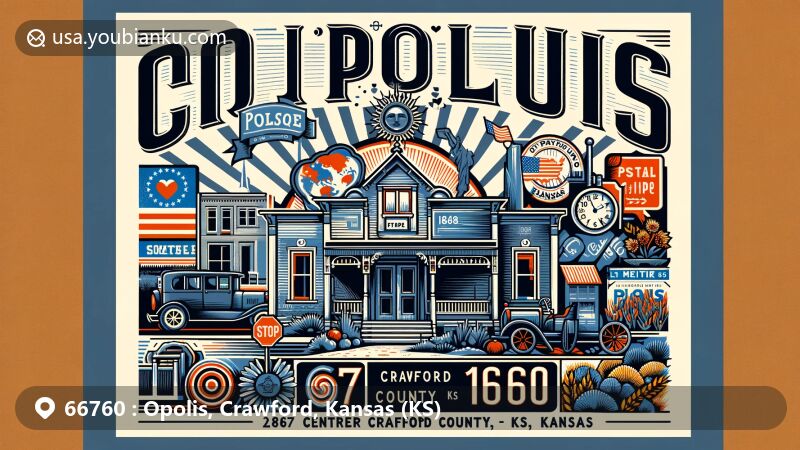 Modern illustration of Opolis, Crawford, Kansas (KS), showcasing historic charm and rural beauty, with elements of its proximity to Missouri state line, founding in 1868, and name derived from Greek word 'polis' meaning 'city'. Features visual symbols of postal heritage, such as vintage post office facade serving since December 1868, located at 207 Center St, Opolis, KS 66760. Harmonious color palette conveys warmth and historical depth of the community. Includes Kansas state flag, Crawford County outline, and subtle hints of rural and agricultural environment typical to the area. Prominently features ZIP code 66760 and postal theme elements like stamps, postal truck, and mailboxes to celebrate Opolis' connection to broader US postal service. Styled in modern illustration suitable for web use, eye-catching, inspiring interest and appreciation for Opolis' unique story and postal heritage.