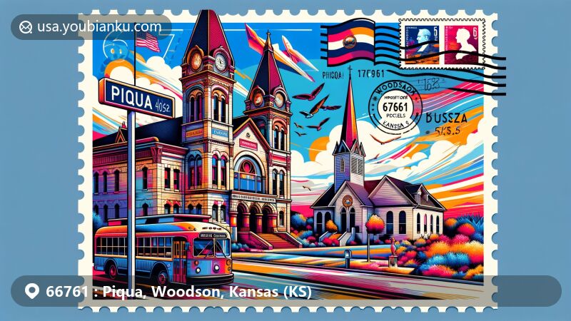 Modern illustration of Piqua, Woodson County, Kansas, featuring Buster Keaton Museum and St. Martin's Church, incorporating unique looks of both landmarks in a contemporary art style. The forefront showcases a creative postcard themed around ZIP code 66761, adorned with Kansas state flag, stamps, and postmarks, elegantly displaying 'Piqua, Woodson, KS' to emphasize the distinctiveness of the postal code. Presented in a wide format suitable for web display, blending cultural, historical, and postal elements to create a visually appealing and informative artwork.