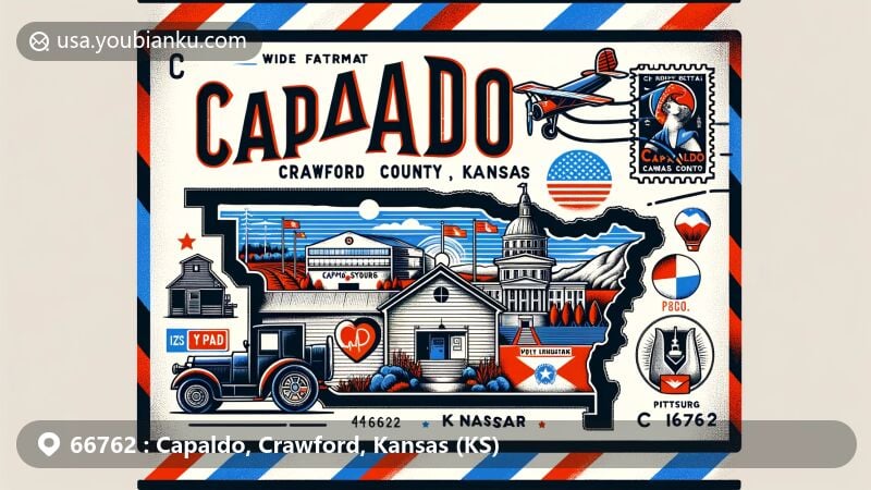 Modern illustration of Capaldo, Crawford County, Kansas, incorporating postal themes with coal mining symbol and landmarks from Pittsburg, set in an airmail envelope design.