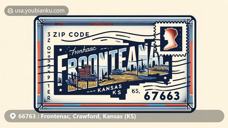 Modern illustration of Frontenac, Kansas (KS) postcard design with ZIP Code 66763, featuring creative map silhouette of Frontenac within outline of Kansas, stamp, and postmark.