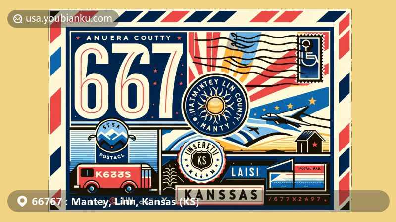 Modern illustration of Mantey, Linn County, Kansas, featuring ZIP code 66767, combining postal elements with Kansas state flag and local map outline, emphasizing postal symbols in vintage postcard style.