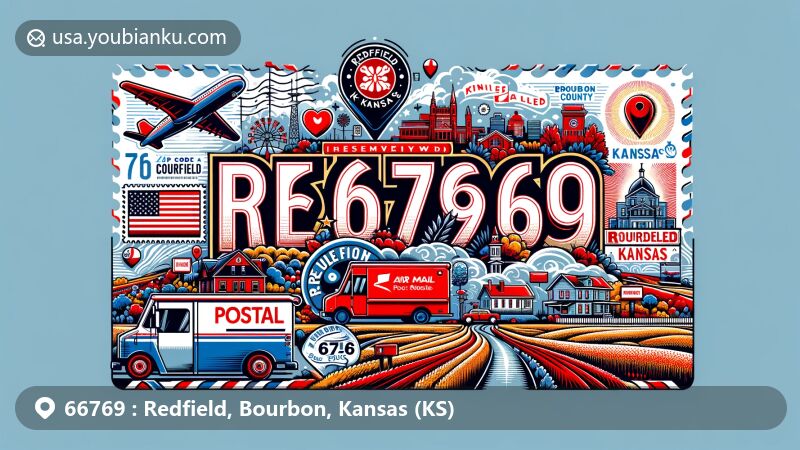 Modern illustration of Redfield, Bourbon, Kansas (KS), showcasing postal theme with ZIP code 66769, featuring Marmaton River, air mail envelope, and postage stamps.