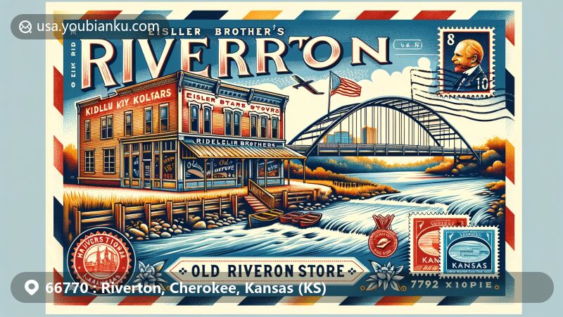 Modern illustration of Riverton, Kansas, featuring Eisler Brothers Old Riverton Store and Rainbow Bridge on an airmail postcard with ZIP code 66770, adorned with postal elements and Kansas state flag hints.