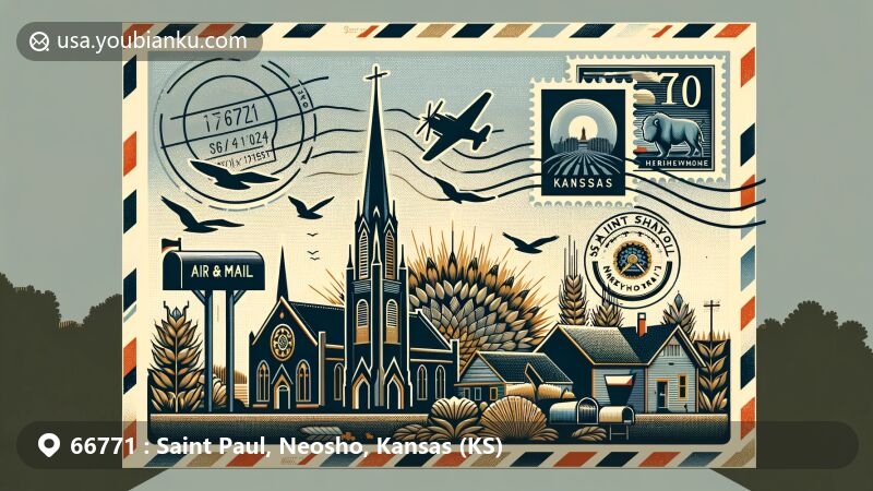 Modern illustration of Saint Paul, Kansas, in Neosho County, creatively combining St. Francis Hieronymo Church silhouette with Neosho Wildlife Area elements on postcard backdrop, featuring postal elements and '66771' ZIP code.
