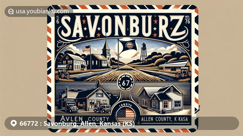 Modern illustration of Savonburg, Allen County, Kansas, resembling a vintage postcard with postal motifs and elements reflecting rural and historical character.