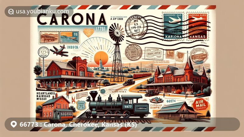 Modern illustration of Carona, Cherokee County, Kansas, blending postal elements with Heart of the Heartlands Railroad Museum and Carona Depot Complex.