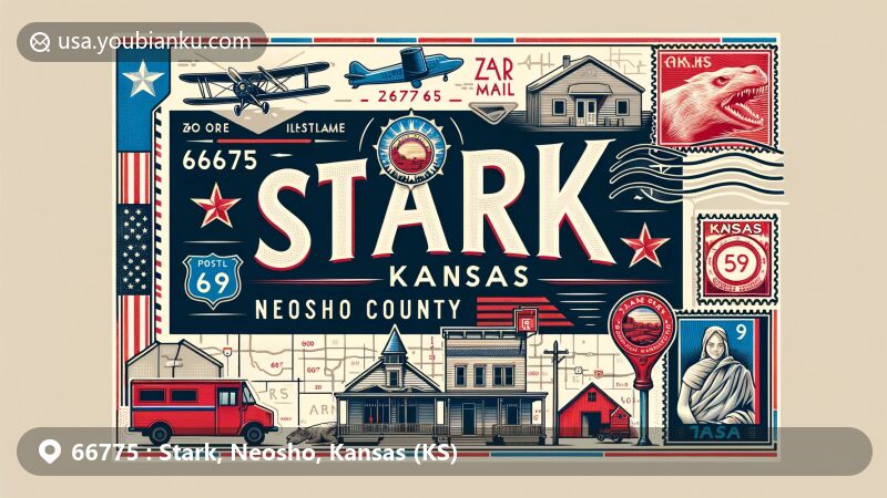 Modern illustration of Stark, Neosho County, Kansas, inspired by ZIP code 66775, featuring elements like Stark's geographical location within Neosho County and Kansas, iconic state symbols, village charm with a population of 69 for a close-knit feel, and postal motifs such as airmail borders, vintage stamps, and a red postbox or mail vehicle.