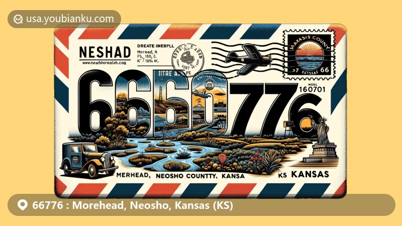 Modern illustration of Morehead, Neosho County, Kansas, featuring a vintage airmail envelope with ZIP code 66776, showcasing local landscape, Neosho River, flora, and landmarks, along with Kansas state flag.