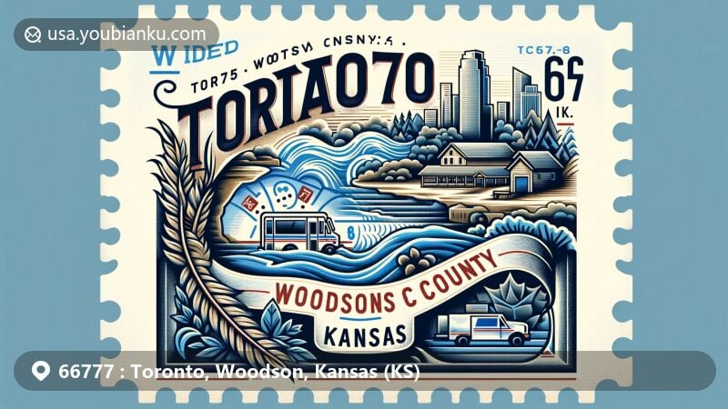 Modern illustration of Toronto, Woodson County, Kansas, showcasing postal theme with ZIP code 66777, featuring Verdigris River and Woodson County State Fishing Lake.