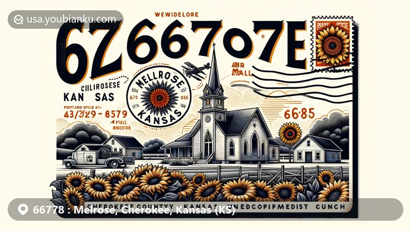 Modern illustration of Melrose, Cherokee County, Kansas, with ZIP code 66778, blending vintage postcard theme and local landmarks like Melrose United Methodist Church.