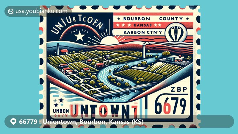 Modern illustration of Uniontown, Bourbon County, Kansas, showcasing ZIP code 66779, Marmaton River symbol, postcard elements, and Kansas state flag.