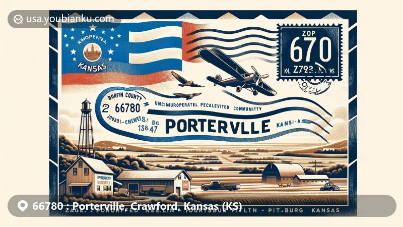 Modern illustration of Porterville, Bourbon County, Kansas, depicting postal theme with ZIP code 66780 and Kansas state symbols.