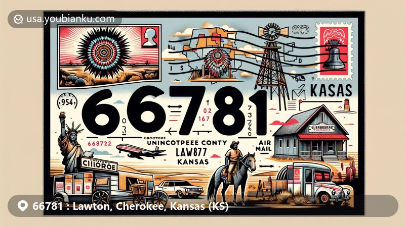 Modern illustration of Lawton, Cherokee County, Kansas, showcasing ZIP code 66781 with Cherokee County outline, Cherokee Nation symbols, postal theme with air mail envelope, and Kansas state flag.