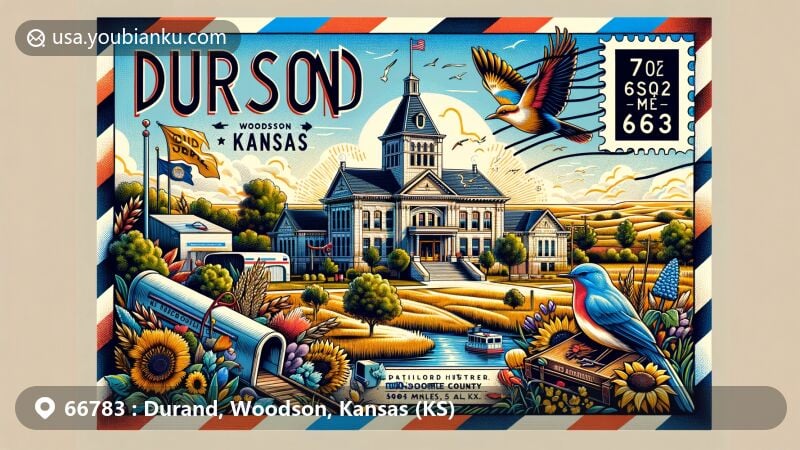 Modern illustration of Durand, Woodson County, Kansas, highlighting postal theme with ZIP code 66783, featuring Woodson County Historical Museum and Kansas state symbols like Western Meadowlark, Wild Native Sunflower, and Cottonwood tree.