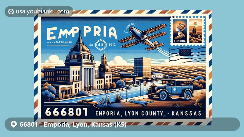Wide-format illustration of Emporia, Lyon County, Kansas, showcasing Emporia State University and Flint Hills with ZIP code 66801, featuring vintage postal car, air mail envelope, and iconic landmarks.